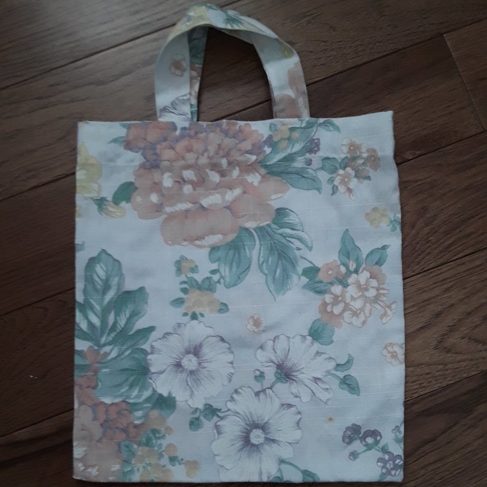 Vintage Handmade Linen White Floral Fabric Tote Bag Small